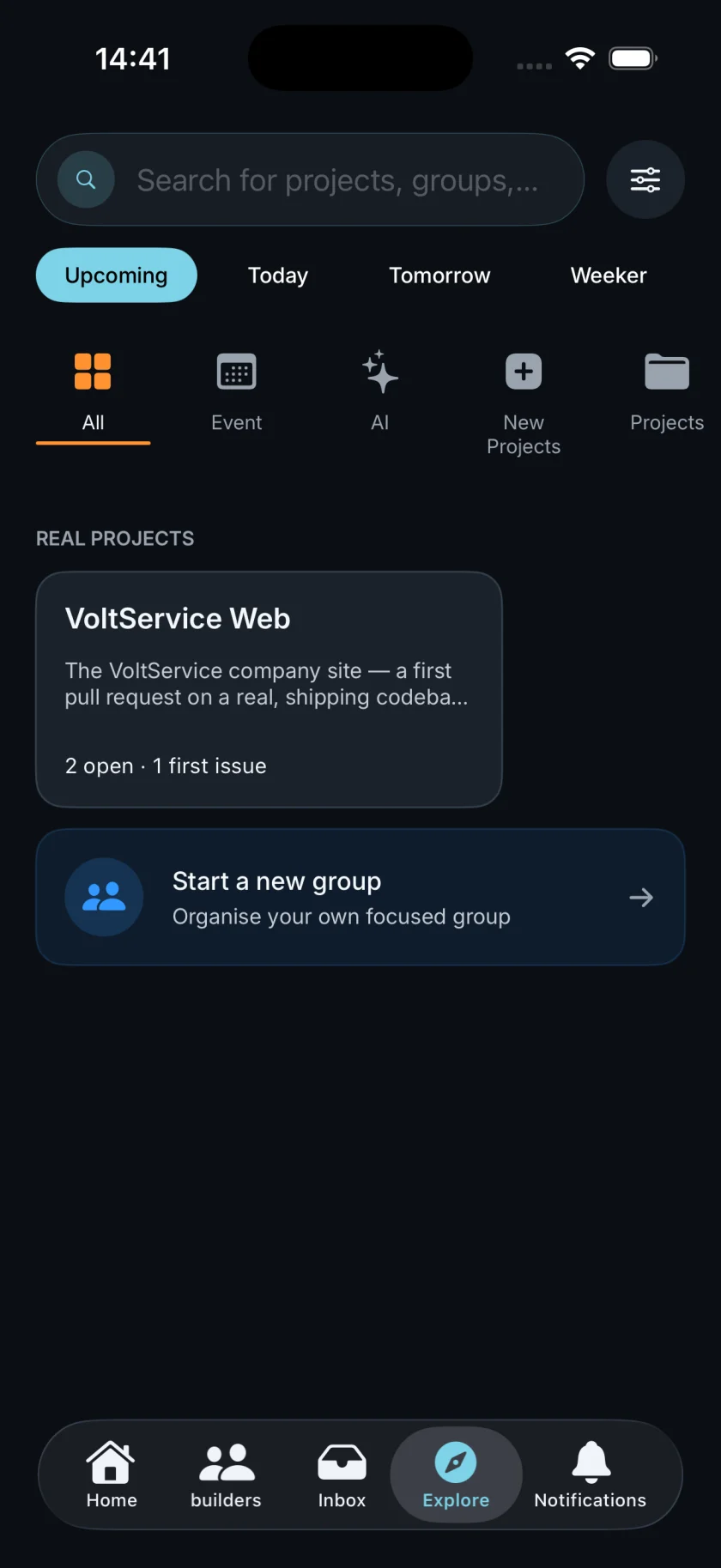 VoltConnect Explore screen showing a real project, search and group creation.