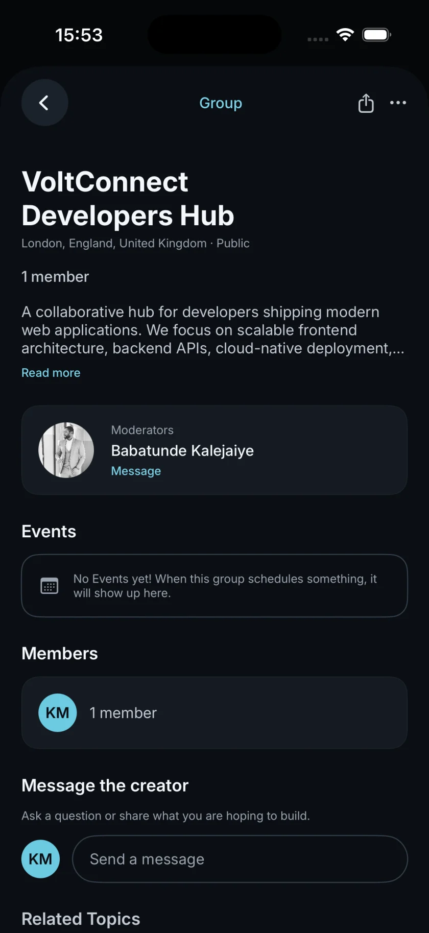 VoltConnect group screen with its purpose, moderator, members, events and messaging.
