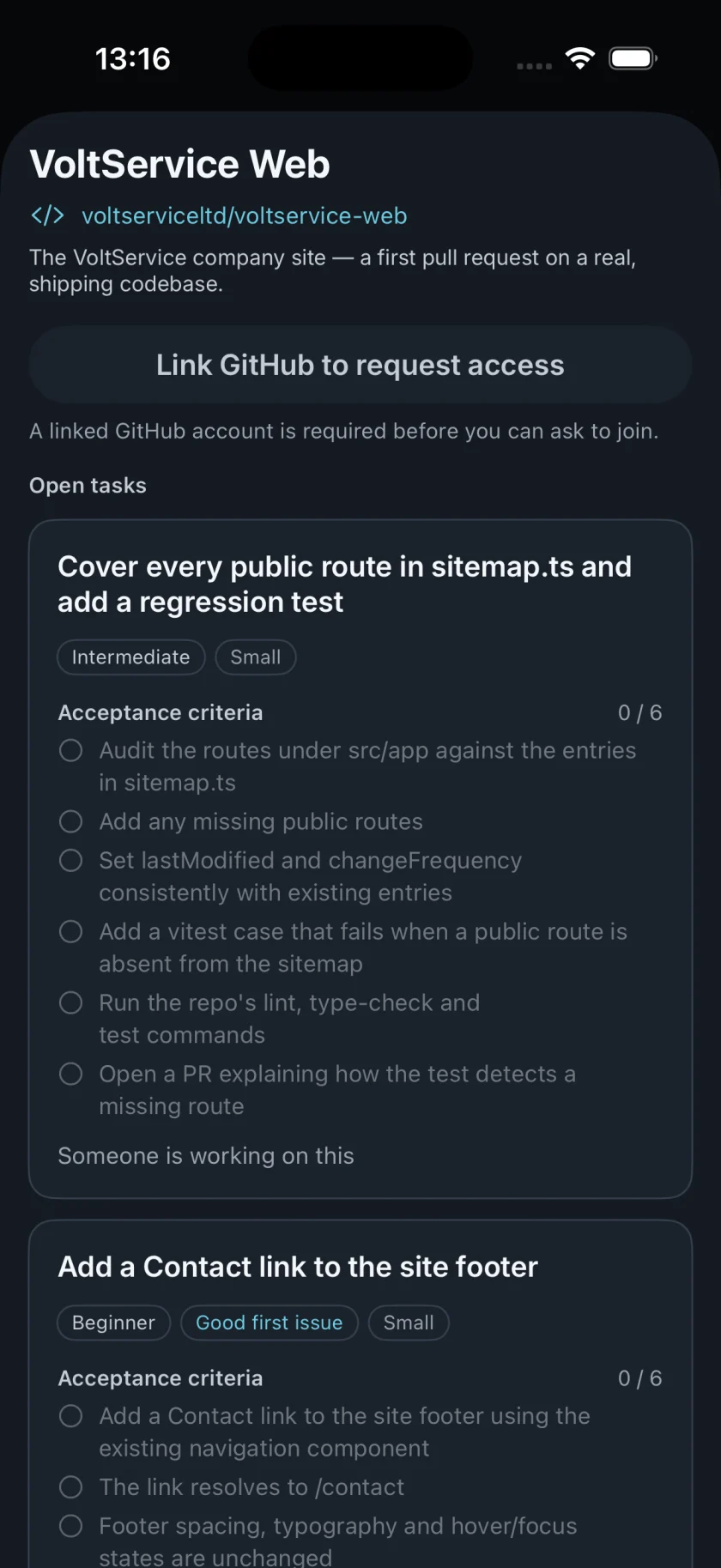 VoltConnect project screen showing open tasks with skills, effort and acceptance criteria.