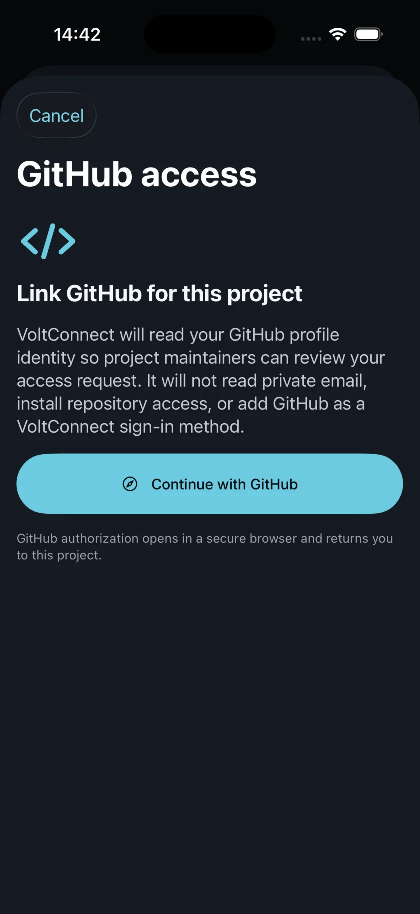 GitHub access screen explaining exactly what profile data VoltConnect reads and does not read.